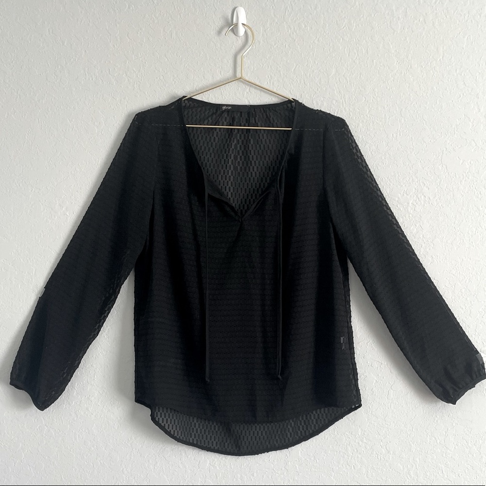 {Gibson} Sheer Black Tasseled Blouse
